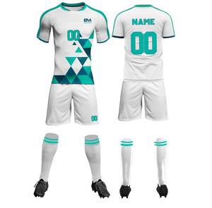 Custom Sublimated <b>Men</b> Soccer Uniform Set 100% Polyester Short Sleeve <b>White</b> Teal Geometric Kit - Product Image 1