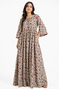 Vestido de Fiesta Moderno Bohemio con Estampado Floral, Largo hasta el Suelo, Cuello en V, Manga Larga, Cintura Natural, Corte Acampanado, Lavable, 100% Algodón Tejido Ecológico - Product Image 1