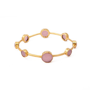 Bracelet jonc minimaliste ElJoyero GB53 plaqué or 18 carats avec calcédoine rose, bijou cadeau pour femme - Product Image 1