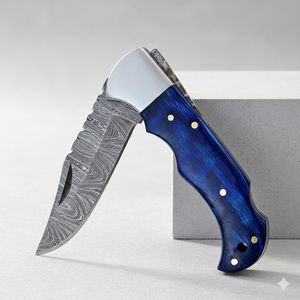 UA Supplies Damascus Steel Folding Hunting <b>Knife</b> Blue Pakka Wood <b>Handle</b> Handmade Pocket <b>Knife</b> Premium OEM ODM Supplier Clip - Product Image 1