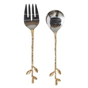 Ensemble de 2 cuillères et fourchettes à salade élégantes en laiton et acier inoxydable, design feuille, avec manche en forme de branche dorée, pour mariages - Product Image 1
