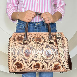 New Best Price Genuine Cowhide <b>Leather</b> Hand <b>Tooled</b> Floral Speedy Bag Large Duffle Handbag Western Travel Purse for Women's - Product Image 4