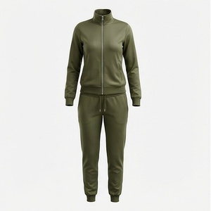 Women's Olive Green 2 Piece Knitted <b>Tracksuit</b> Full Sleeve Zipper Stand Collar Casual Sportswear Set Regular Fit All Seasons - Product Image 1