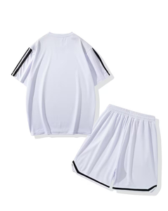 Men White Solid Summer Breathable Quick Dry Crew Neck T-Shirt Set Knitted Short Sleeve Casual Shorts Sport Wear Polyester/Cotton - Product Image 2