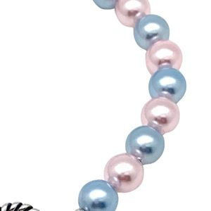 Pink Blue Pearl <b>Beaded</b> Charm <b>Bracelet</b> with <b>Silver</b> Round Engraved Medallion Toggle Clasp Elegant Fashion Jewelry for Women - Product Image 3