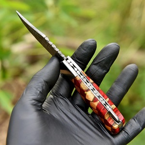 Cuchillo Plegable de Acero de Damasco Hecho a Mano con Mango de Mosaico de Madera – Navaja de Bolsillo Personalizada con Funda de Cuero, Regalo EDC para Exteriores - Product Image 4