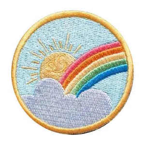 Badge en tissu thermocollant pour accessoires vestimentaires, patch brodé circulaire avec soleil, arc-en-ciel et nuage - Product Image 1