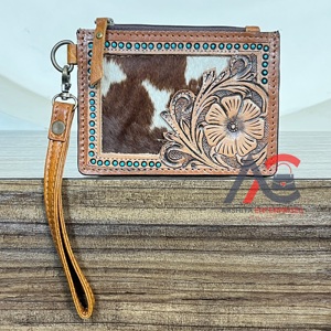 Porte-cartes miniature en cuir véritable fait main, style western, avec fermeture éclair florale, porte-monnaie, portefeuille de voyage pour elle - Product Image 1