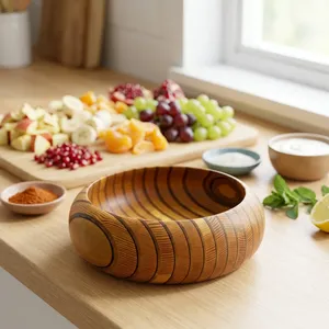 Bol de service gravé en bois d'acacia écologique fait main - Durable pour la maison, les restaurants et les fêtes - Product Image 1