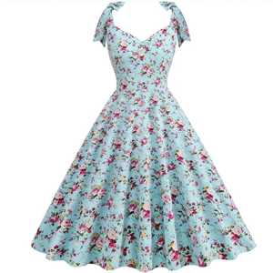 Robe d'été décontractée en coton tissé à imprimé floral vintage, coupe trapèze midi, éco-responsable, taille haute, col en V, manches courtes - Product Image 1