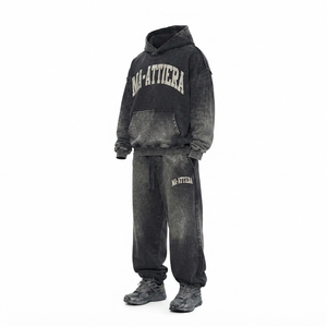 Conjunto de Sudadera con Capucha y Pantalones Deportivos Extra Grandes para Hombre, Color Negro Lavado, Algodón y Felpa, Ropa Deportiva Urbana, Venta al Por Mayor OEM - Product Image 4
