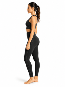 Ensemble de yoga noir 2 pièces : Crop top dos nageur et Legging taille haute longueur intégrale, avec surpiqûres contrastées, sans couture, écologique et respirant - Product Image 2