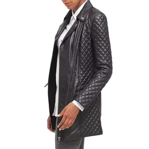 Women's Long Quilted PU Leather Jacket With Zipper Closure Turn-down Collar Autumn Style - Product Image 3