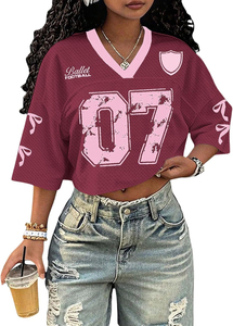 Ballet Football Women's V-Neck <b>Mesh</b> <b>Crop</b> <b>Top</b> Short Sleeve Loose Fit Number 07 Pink Sporty Style Spring Summer - Product Image 2