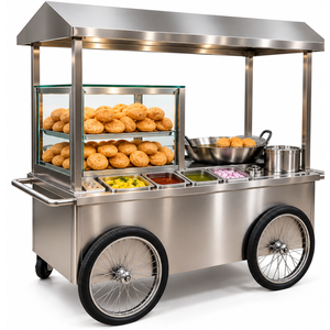 Chariot mobile à trois roues en acier inoxydable à triple essieu pour kachori, avec vitrine extérieure, table vapeur et étagères à 2 niveaux, alimentation intégrée - Product Image 2