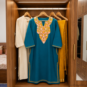 Kurti Kashmiri Azul Turquesa con Bordado Floral Aari en Color Durazno y Dorado, Brinda un Aspecto Atractivo para Mujeres, Compre Directamente del Fabricante - Product Image 3