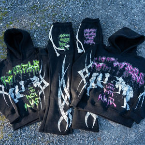 Conjunto de Sudadera y Pantalones Deportivos Vintage con Lavado Ácido Personalizado, Pantalones Acampanados, Sudadera con Capucha, con Apliques Bordados, Tela de Felpa, Estilo Desgastado - Product Image 4