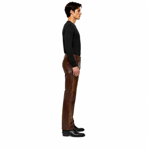 Pantalones de moto de cuero personalizados, de piel de cordero granulada, de pierna recta, perforados, lavados, para hombre, estilo urbano, otoño/invierno, de fábrica OEM - Product Image 3