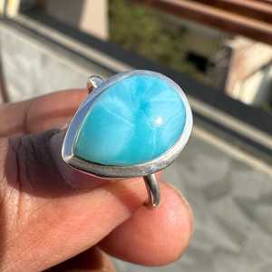 Natural Dominican Blue Larimar <b>Ring</b> 925 Sterling Silver Handmade Pear Shape Ocean Stone Jewelry Elegant Gift For Her - Product Image 1