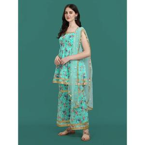 VÊTEMENTS DE SOIRÉE TOP DE TRAVAIL IMPRIMÉ GEORGETTE PALAZZO AVEC DUPATTA VERT MER - Product Image 2