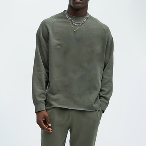 <b>Mens</b> Olive Green Crewneck Sweatshirt Raglan <b>Long</b> <b>Sleeve</b> Fleece Pullover Raw Edge Hem Loose Fit Casual Streetwear Tracksuit <b>Top</b> - Product Image 1
