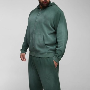 Men's Green Hooded Tracksuit Full Zipper Sweatshirt With Side Pockets Casual Autumn Wear Loose Fit 100% Cotton Solid Color - Product Image 3
