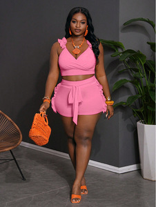 <b>Women</b> <b>Yellow</b> Ruffle Sleeveless Crop <b>Top</b> With High Waist Shorts Set Sexy Club Summer Outfit - Product Image 4