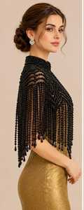 Cape à franges perlées noires, veste de soirée de luxe, boléro - Product Image 3
