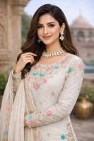 Ensemble Anarkali en soie JMC de créateur avec Sharara brodé et Dupatta assorti – Vêtements ethniques indiens en gros