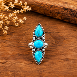 Anillo Ajustable de Turquesa Mohave Estilo Bohemio Occidental Hecho a Mano con 2 Perlas y 1 Piedra Ovalada, Joyería de Gema de Declaración - Product Image 3