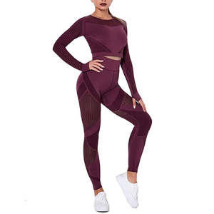 Conjunto de Yoga Borgoña para Mujer, 2 Piezas, Top de Manga Larga con Malla Acanalada, Leggings de Cintura Alta, Ropa Deportiva para Gimnasio y Fitness - Product Image 1