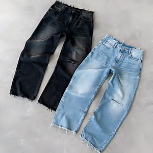 Jeans vintage brodés sur mesure, délavés, déchirés, coupe ample, jambe large, style streetwear - Product Image 1