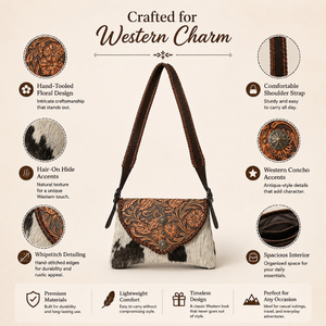 Bolso bandolera de cuero genuino de vaca con pelo, hecho a mano, estilo western floral, bolso de hombro vintage para mujer, bolso de viaje. - Product Image 5