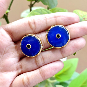 Trendy fashion jewelry round shape blue jade stone <b>stud</b> earrings with black cz inlay texture metal 18k gold plated women <b>studs</b> - Product Image 3