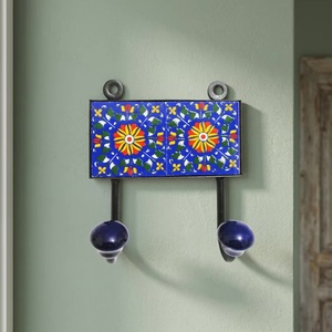 Ceramic Tile Wall Coat Hooks Floral Design Handmade Vintage Style Eco-Friendly Adjustable <b>Waterproof</b> 2 Hooks Blue Color - Product Image 4