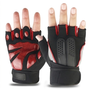 <b>Half</b> Finger Gym Fitness Gloves Black Red Leather Breathable Non <b>Slip</b> Touchscreen Compatible Adjustable Wrist Strap Unisex Weight - Product Image 1