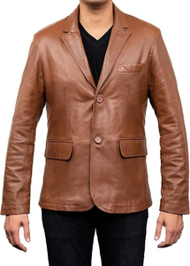Men Brown <b>Leather</b> <b>Blazer</b> Single Breasted Notched Collar Regular Fit Full Length Sleeve British Style <b>Jacket</b> - Product Image 3