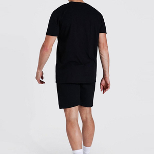 Ensemble t-shirt et short en coton noir pour homme, tenue décontractée d'été, respirante, tricotée, couleur unie - Product Image 2