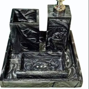 Textured Black Resin Bath Set 4 Pieces Swirl Pattern Soap Pump <b>Toothbrush</b> Holder Bar Soap <b>Case</b> Vanity Tray Washroom Accessory - Product Image 1