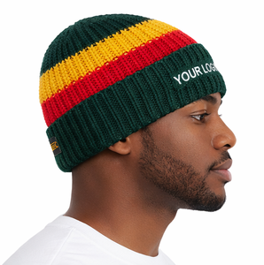 Bonnet tricoté côtelé rayé multicolore personnalisé de haute qualité, style Reggae, avec revers, pour l'hiver - Product Image 2