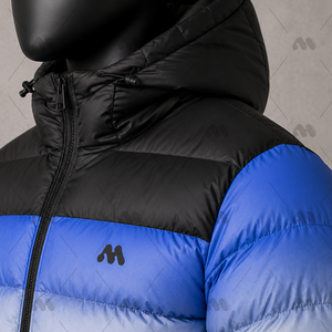 Chaqueta de invierno para hombre, tipo puffer, con cuello alto, capucha, cierre de cremallera, relleno alternativo a plumón, con bolsillo y logotipo personalizado. - Product Image 4