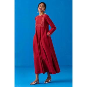 Vestido largo rojo de manga larga para mujer, vestido informal étnico de algodón con cuello cuadrado - Product Image 2