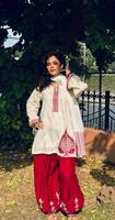 Ensemble haut brodé en coton Chanderi ethnique pour femme, pantalon ballon en coton romain et dupatta en mousseline imprimée numériquement, séchage rapide