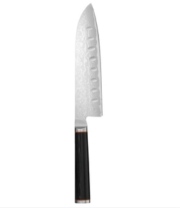 Ensemble de couteaux de cuisine dans un bloc en bois brun clair avec manches noirs, lames à motifs argentés, ciseaux et aiguiseur pour la préparation des aliments - Product Image 5