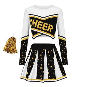 Uniformes de pom-pom girl pour adultes en gros, robe à manches longues et jupes personnalisées avec bordure dorée, uniformes de cheerleading en polyester - Product Image 1
