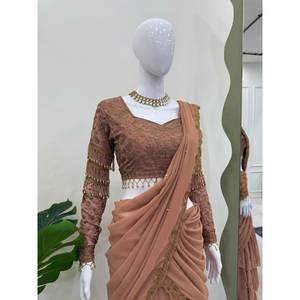 Magnifique Saree Lehenga Prêt-à-Porter Coupe Trapèze en Chiffon avec Taille Naturelle pour Tenue de Soirée - Product Image 2
