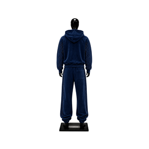 Conjunto de chándal de terciopelo azul marino para mujer, con sudadera con cremallera completa, pantalones de pierna ancha, dos piezas, con pedrería, estilo casual urbano, para correr - Product Image 2