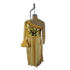Robe longue à sequins asymétrique avec manches à volants, robe de cocktail glamour couleur or, élégante et écologique, faite à la main - Product Image 1