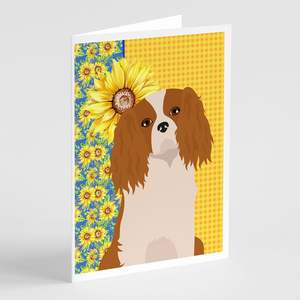 Whimsical Summer Sunflowers y Blenheim Cavalier Spaniel A7 Tamaño 5x7 Tarjetas de felicitación en blanco Paquete 8 con sobres para notas - Product Image 1