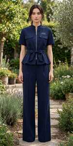 <b>Women</b> <b>Navy</b> Short Sleeve Stand Collar Zipper Peplum <b>Top</b> Wide Leg Pants 2 Piece Set - Product Image 6